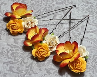 Yellow, Orange & Red Flower Hair Pins, Cherry Blossom Hair Pins, Rose Hair Flowers, Bridesmaid Wedding Hair Accessory, Sakura Flower,