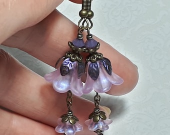 Lilac Lucite Flower Drop Earrings With Bronze Floral Crystal Dangle, Vintage Style Jewelry