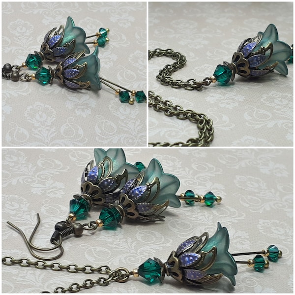 Emerald Green Floral Earrings, Emerald Flower Pendant, Bohemian Vintage Dangle Earrings & Necklace Set, Fairy Flower Earrings, Green Earring