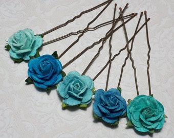 Aqua Turquoise Cyan Rose Hair pins, Blue Hair Flowers, Seafoam Flower Accessories, Wedding Accessories, Bridesmaid Hair, Bohemian Hair Clip,