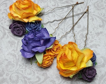 Horquillas para el pelo con rosas florales en color morado y naranja, accesorio floral para dama de honor, pinzas vintage para festivales.