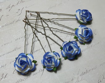 Blue & Ivory Mulberry Rose Hair Pins, Hair Flower, Bridesmaid Flower Hair Accessory, Wedding, Boho , Vintage Hair Pins, Blue Hair Pin,