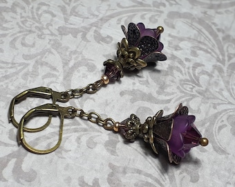 Amethyst Flower Earrings - Purple Victorian Drop Bronze Jewelry Gift