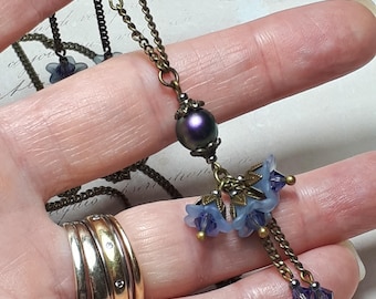 Blue Clustered Flower Necklace, Vintage Style Crystal Lariat, Antique Floral Blossoms Tanzanite Purple,