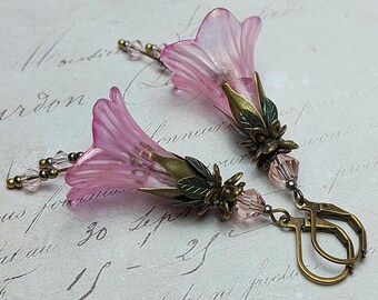 Rose Flower Fairy Earrings, Vintage Style Fantasy Dangles, Pale Pink Crystal Fairycore Jewelry,