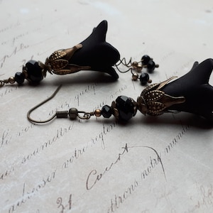 Black & Bronze Vintage Inspired Drop Flower Earrings, Gothic Earrings, Black Crystal, Halloween, Gift For Her, Black Flower Dangle Earrings,