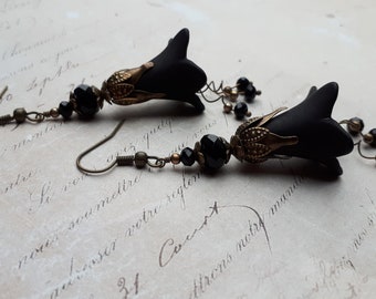 Black & Bronze Vintage Inspired Drop Flower Earrings, Gothic Earrings, Black Crystal, Halloween, Gift For Her, Black Flower Dangle Earrings,
