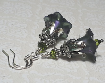 Green Purple Silver Floral Earrings, Flower Earrings, Bohemian Vintage Dangle Earrings, Fairy Flower Earrings, Olivine Silver Earrings