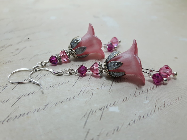 Pink Flower Earrings*Pink Vintage Floral Earrings*Bohemian Earrings*Dangle Drop Earrings*Fairy Flower*Gift For Her*Pink Art Nouveau Earrings