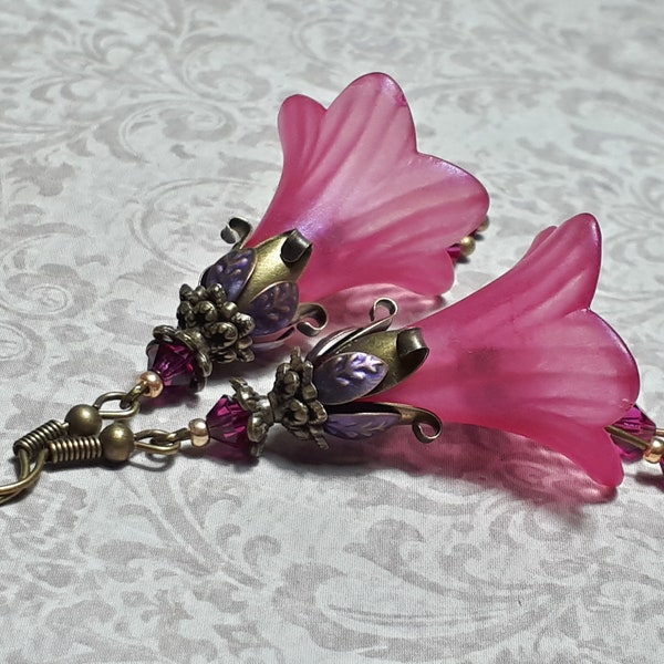 Fuchsia Lily Flower Earrings, Antique Bronze Earrings, Flower Fairy Earrings, Vintage Floral Earrings, Fuchsia Pink Drop Earrings,