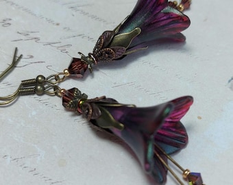 Berry Red Flower Earrings, Antique Bronze Fairycore Jewelry With Crystal Drops