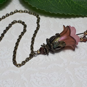 Iridescent Rosy Brown Floral Pendant, Flower Charm Necklace, Vintage Style Necklace, Fairy Flower Pendant, Antique Bronze Necklace,