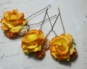 Orange & Yellow Flower Hair Pins*Bridesmaid Accessory*Festival Vintage Hair Accessories*Rose Hair Flowers*Hair Roses*Floral Accessories