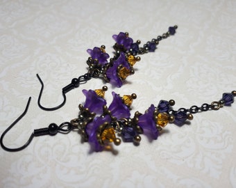 Deadly Nightshade Long Flower Earrings, Atropa Belladonna Jewellery, Gothic Black Metal Chain Drops,