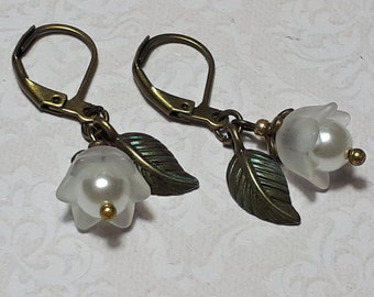 Lily of the Valley Earrings, Dainty White Flower Jewellery, Pearl Antique Bronze Lever Backs,