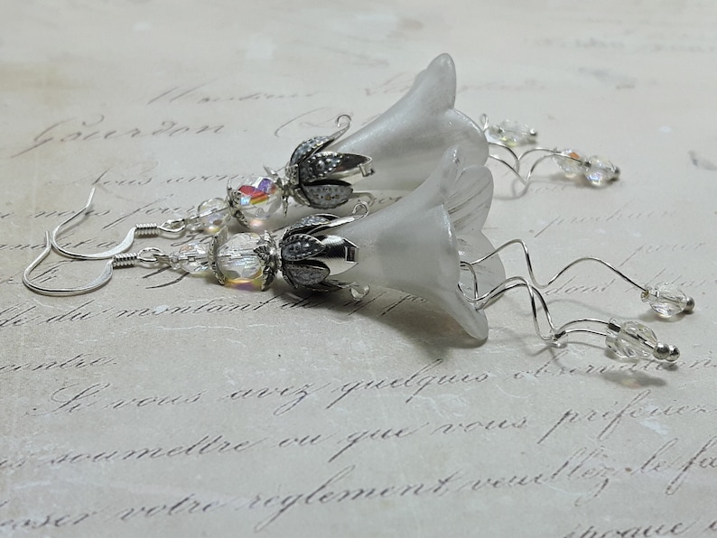 White Frosted Flower Earrings, Floral Earrings, White Bohemian Bell Flower Earrings, Dangle Drop Earrings, Snowdrop Flower Fairy Earrings, image 2