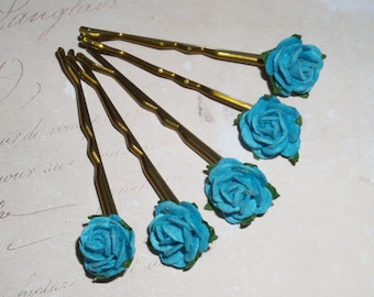 Turquoise Blue Mulberry Rose Kirby Grips*Vintage Hair Flower*Blue Accessories*Wedding*Bridesmaid*Prom*Boho*Festival*Vintage*