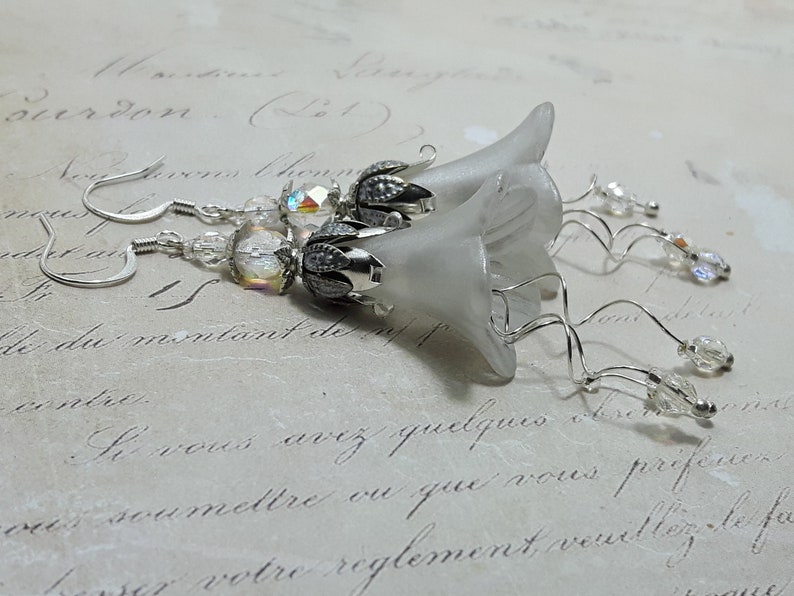 White Frosted Flower Earrings, Floral Earrings, White Bohemian Bell Flower Earrings, Dangle Drop Earrings, Snowdrop Flower Fairy Earrings, image 7