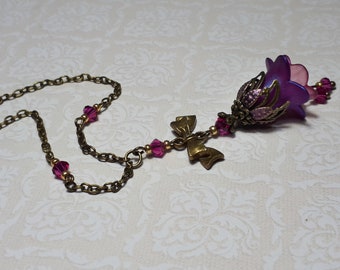 Fuchsia Fairy Necklace, Pink Flower Charm Pendant, Bronze Bow Chain Necklace, Art Nouveau Inspired, Gift For Gardeners,