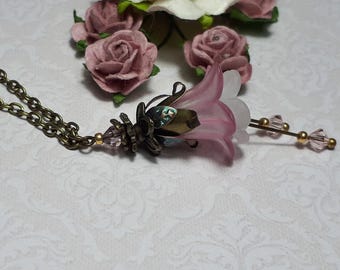 Pink Lucite Flower Necklace With Crystals In Bronze, Vintage Style Fairy Pendant,