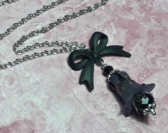 Romantic Goth Flower Necklace Jet Black Crystal, Fantasy Bow Pendant Silver, Handmade Coquette Jewellery