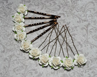 Ivory Flower Hair Pins, White Wedding Hair Accessories, Bridesmaid Hair Grips, Rose Hair Clips, Bohemian Hair Flowers,