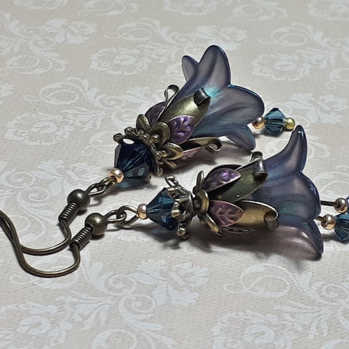 Iridescent Petrol Blue Flower Earrings, Whimsigoth Jewelry, Vintage Style Earrings,