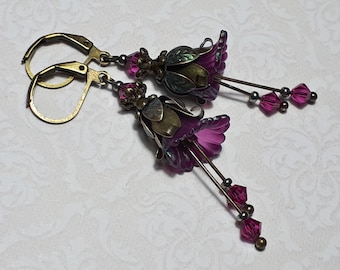 Iridescent Fairy Flower Earrings Green Purple, Floral Crystal Dangles, Bohemian Vintage Jewellery