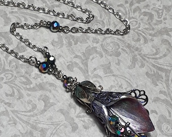 Calla Lily Necklace, Vintage Silver Flower Charm Pendant, Fantasy Flower Jewellery, Aurora Borealis Crystals