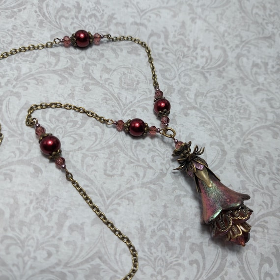 Crimson Red Gothic Flower Pendant, Dark Romantic Floral Necklace, Burgundy Crystal and Pearl Jewellery,