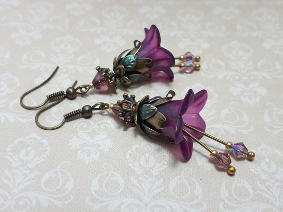 Iridescent Purple & Green Floral Earrings, Flower Earrings, Bohemian Vintage Dangle Earrings, Fairy Flower Earrings, Antique Bronze Earrings