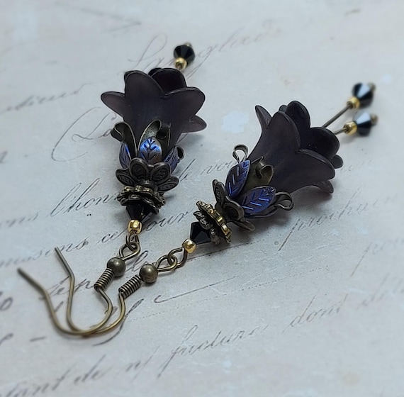 Dark Fairy Earrings Black Lucite Flowers, Gothic Antique Bronze Jewelry, Jet Crystal Drop