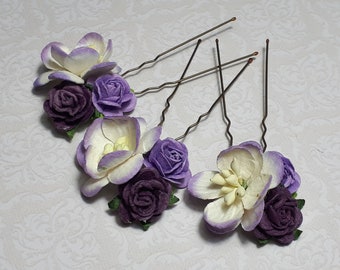 Purple Plum Cherry Blossom Hair Pins, Wedding Hair Accessory