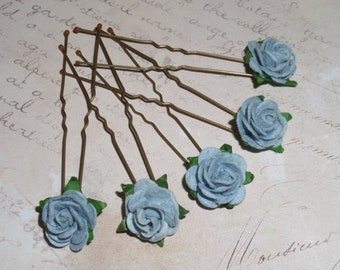 Vintage Blue Mulberry Rose Hair Pins, Hair Flowers, Bridesmaid Accessory, Wedding, Prom Boho Festival, Vintage Hair Pins, Blue Hair Pin,