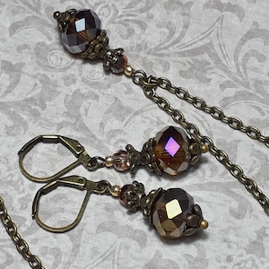 Brown Crystal Earrings and Necklace Set, Brown Crystal Victorian Style Antique Bronze Earrings,  Vintage Style Bridesmaid Gift,