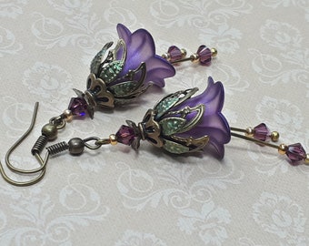 Amethyst Purple Flower Earrings, Antique Bronze Fairy Jewelry