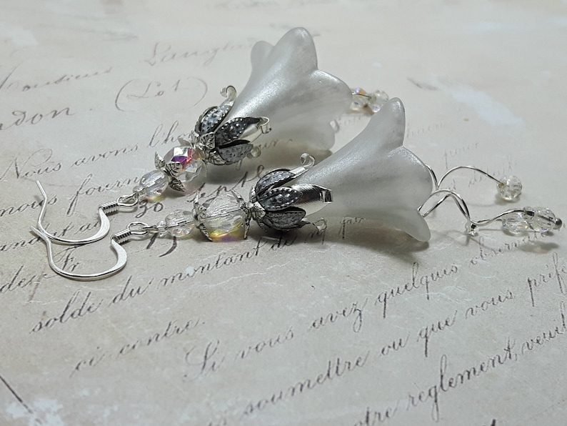 White Frosted Flower Earrings, Floral Earrings, White Bohemian Bell Flower Earrings, Dangle Drop Earrings, Snowdrop Flower Fairy Earrings, image 4