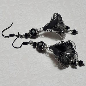 Black Silver Filigree Earrings, Gothic Earrings, Black Flower Earrings, Jet Crystal Earrings, Halloween, Gothic Black Dangle Earrings,