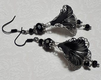 Filigree Earrings With Black Flowers, Antique Silver, Large Gothic Style Dangles, Jet Crystal