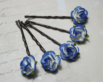 Blue & Ivory Mulberry Rose Kirby Grips*Blue Hair Flowers*Wedding Bridesmaid Hair Accessories*Prom Floral Clips*Bohemian Flower Hair Grips*