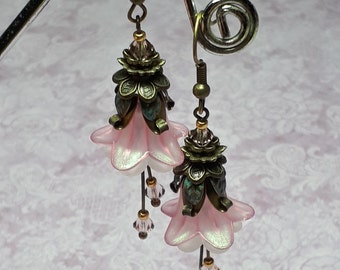 Whimsical Earrings, Pink Lucite Flowers & Antique Bronze, Handmade Floral Vintage Style Jewelry