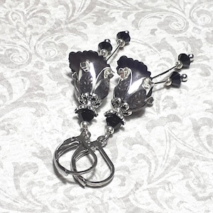 Black Flower Earrings, Black Silver Floral Drop Earrings, Bohemian Vintage Dangle Earrings, Gothic Fairy Earrings, Antique Silver Earrings
