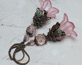 Antique Style Pink Crystal Earrings, Bell Flower Dangles, Fairycore Floral Fairy Jewelry