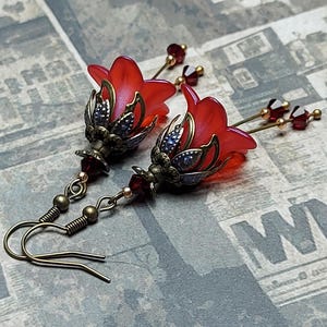 Ruby Red Floral Dangle Earrings, Bronze Flower Jewelry Siam Crystal, Vintage Fairy Flower Dangles