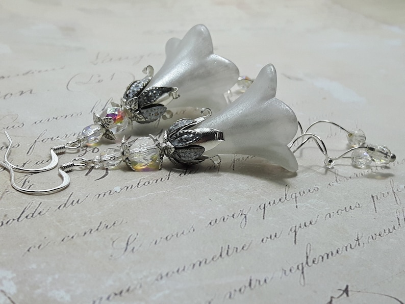 White Frosted Flower Earrings, Floral Earrings, White Bohemian Bell Flower Earrings, Dangle Drop Earrings, Snowdrop Flower Fairy Earrings, image 5