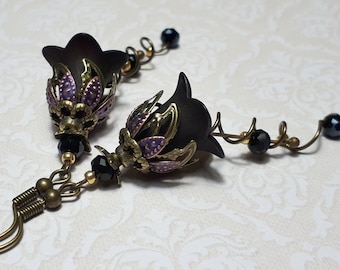 Gothic Black Flower Earrings, Black Earrings, Floral Antique Bronze Earrings, Bohemian  Earrings, Black Fairy Flower Earrings, Black Earring