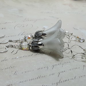 White Frosted Flower Earrings, Floral Earrings, White Bohemian Bell Flower Earrings, Dangle Drop Earrings, Snowdrop Flower Fairy Earrings, image 8
