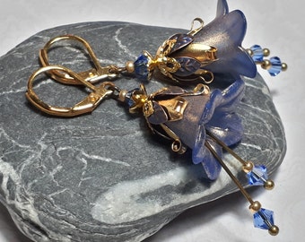Blue and Gold Flower Earrings, Gold Lever Back Earring, Cottagecore Earrings, Fairy Flower Earrings, Gift For Her, Blue Crystal Earrings
