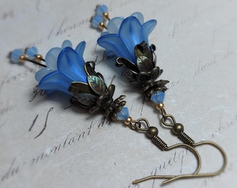 Whimsical Flower Earrings, Air Blue Crystal Fairy Dangles, Vintage Style Antique Bronze Jewelry