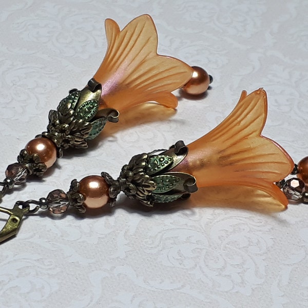Iridescent Orange Pink Flower Earrings, Bronze Pearl Earrings, Flower Fairy Earrings, Vintage Floral Earrings, Orange Drop Earrings,